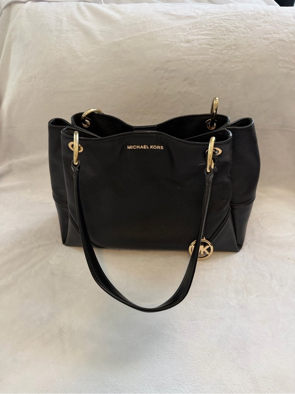 Michael Kors Black Pebbled Leather Shoulder Bag with Gold Accents